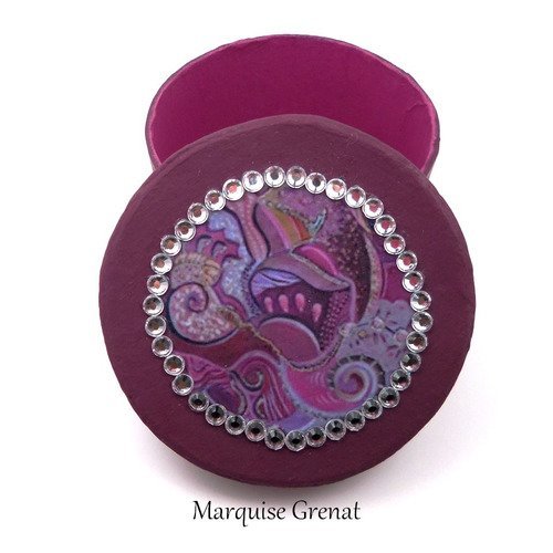 Boîte d'art ronde prune fuchsia motif abstrait