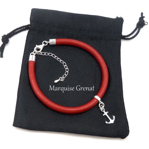 Bracelet minimaliste en cuir rouge et en argent avec breloque ancre marine