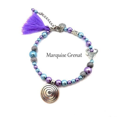 Bracelet ethno boho chic bleu mauve argenté