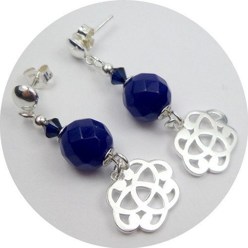 Boucles d'oreilles à clous en argent et perles en saphir bleu et cristal noeuds celtes