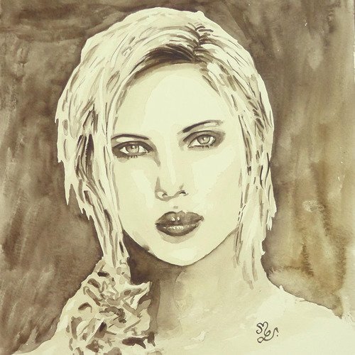 Scarlett johansson, portrait peinture aquarelle sépia