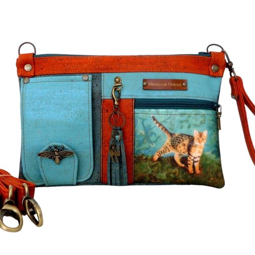 Pochette créateur chat ou mini sac avec fonctions de portefeuille en liège orange bleu turquoise