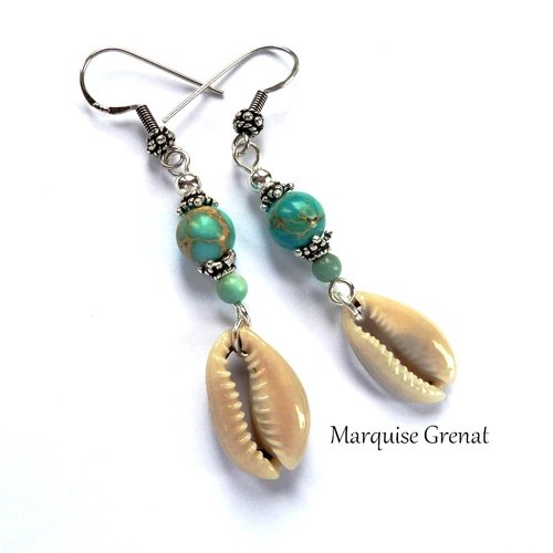 Boucles d'oreilles boho ethnique en argent  jaspe turquoise larimar pendants coquillages