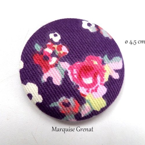 Gros bouton à coudre coton prune fleurs multicolores ø 4,5 cm