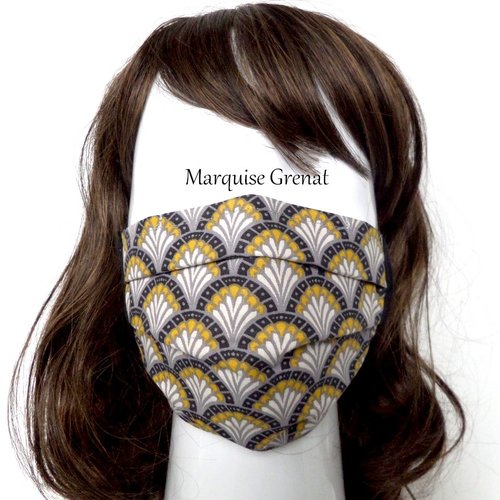Masque alternatif adulte ajustable pince nez en coton éventails jaunes noir fond gris