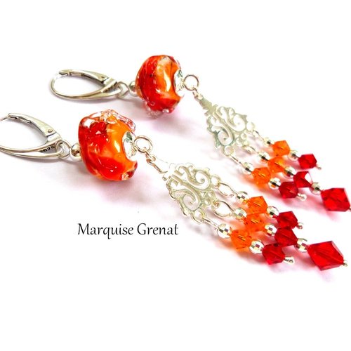 Boucles d'oreilles créateur pendantes en argent verre filé cristal swarovski oranges rouges
