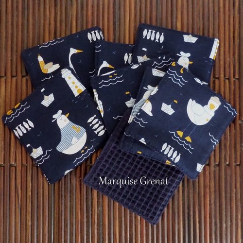 8 lingettes lavables coton bio oeko-tex oiseaux marins fond bleu marine