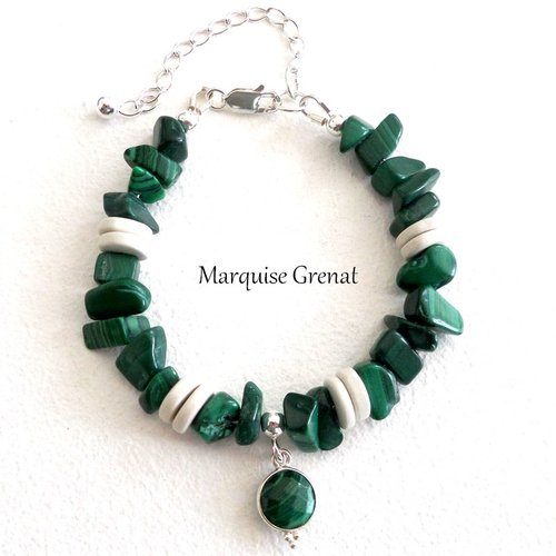 Bracelet bohème vert et blanc en argent malachite et céramique ajustable