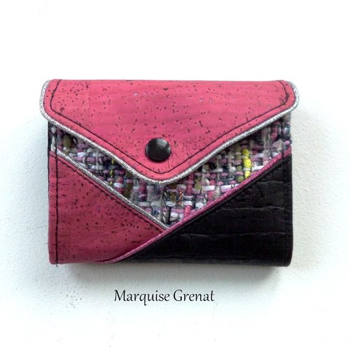 Porte monnaie porte cartes à rabat liège rose noir croco laine haute couture