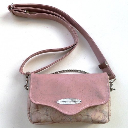 Pochette chic bandoulière mini sac à main liège fleurs rose poudré