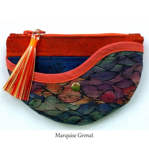 Petite trousse zippée originale en liège de luxe multicolore pompon soie