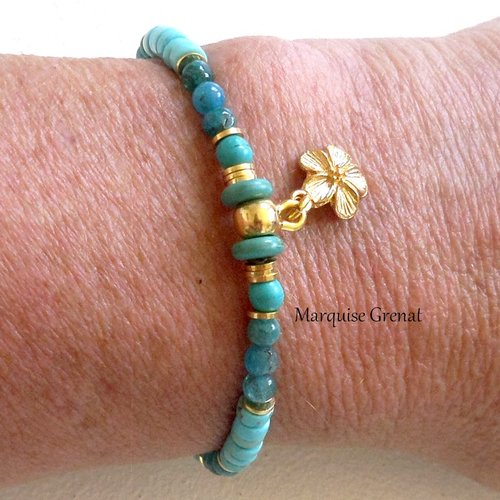 Bracelet fleur perles en turquoise et apatite laiton or 24 carats
