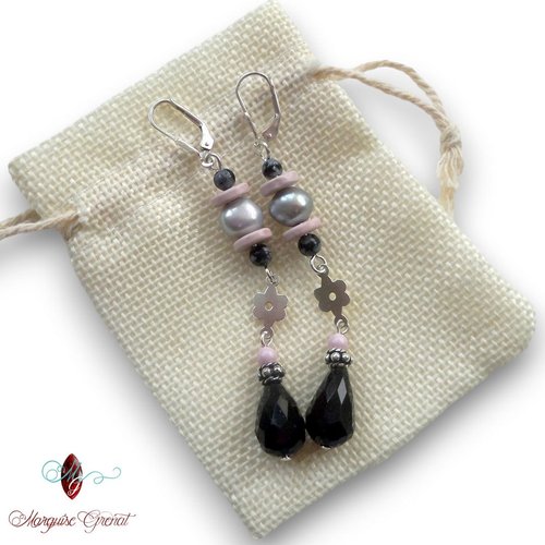 Boucles d'oreilles pendantes argent gris noir rose pastel baroque
