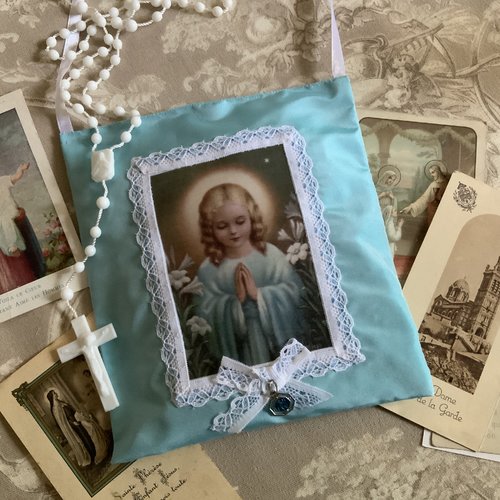 Coussin de senteur lavande en soie turquoise avec image de l’enfant jesus