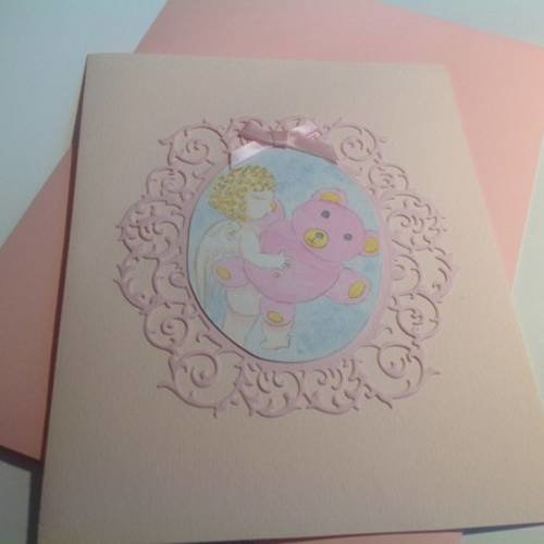 Carte double naissance ou baptême fille avec aquarelle d'ange 