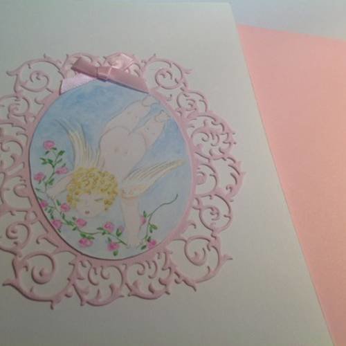 Carte double naissance ou baptême fille. avec aquarelle d'ange 
