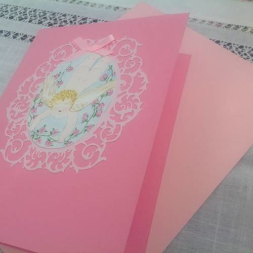 Carte double naissance ou baptême fille avec aquarelle d'ange 