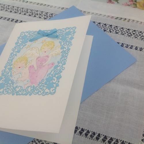 Carte double naissance ou baptême garçon avec aquarelle d'ange 