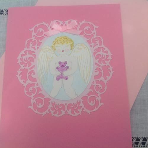 Carte double naissance ou baptême fille avec aquarelle d'ange 