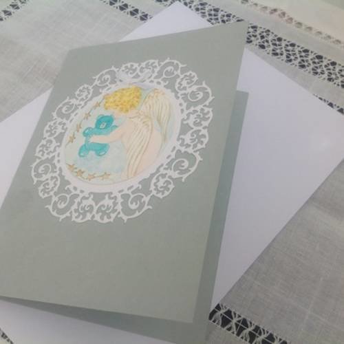 Carte double naissance ou baptême avec aquarelle originale d'ange 