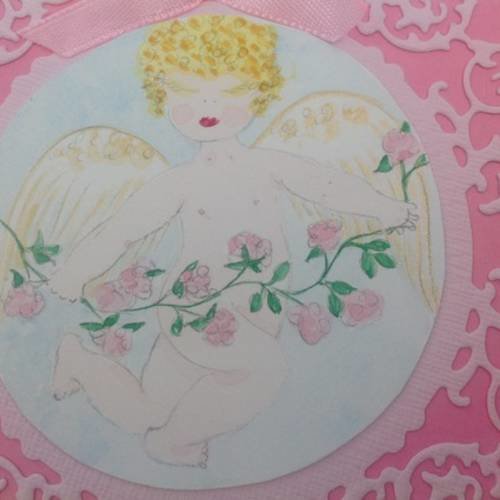 Carte double naissance ou baptême fille avec aquarelle originale d'ange 
