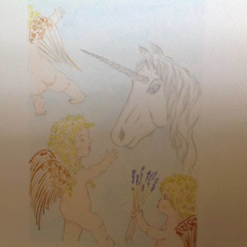Aquarelle representant une licorne et des angelots jolis 
