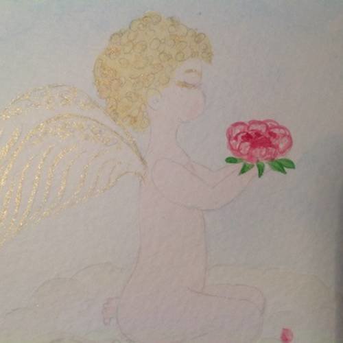 Petit ange offrant une rose, aquarelle originale signée 