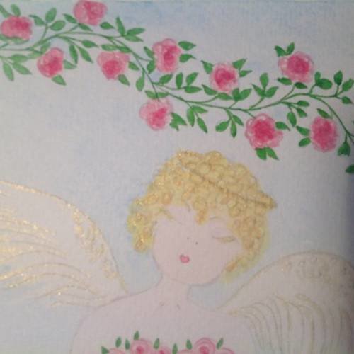 Angelot au coeur de roses, aquarelle originale 