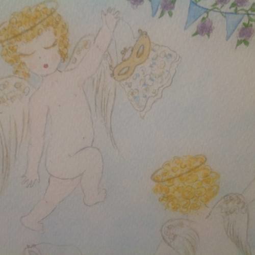 Aquarelle originale de petits angelots avec masques vénitiens 