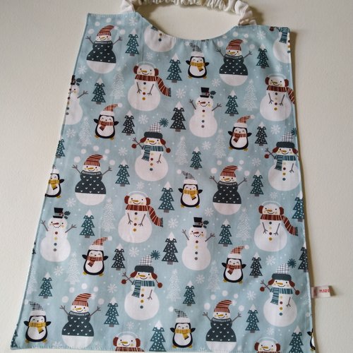 Bavoir serviette maternelle bleu avec bonshommes de neige