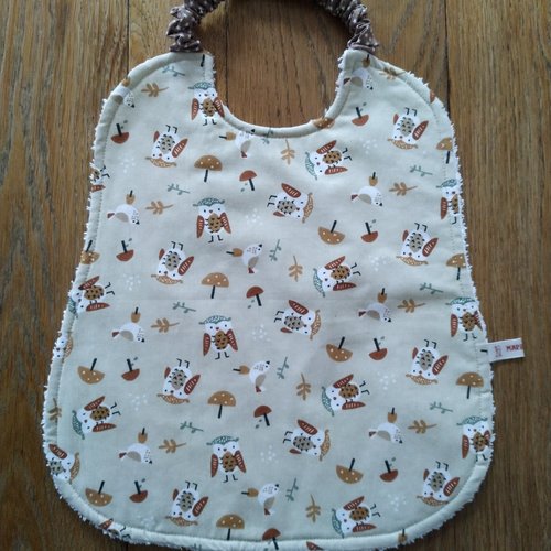 Bavoir coton beige avec hiboux
