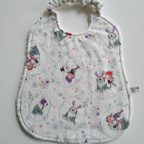 Bavoir coton blanc petites scènes d'hiver