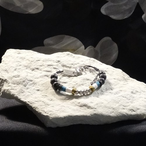 Bracelet homme ajustable perles de lave, perles heishi et métal argenté