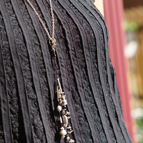 Sautoir breloques ajustable ou bijou de sac - dominante noir et argent