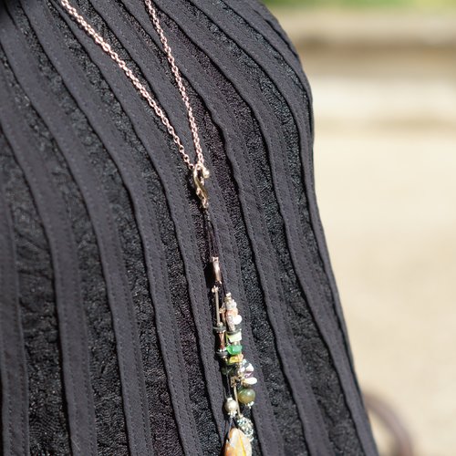 Sautoir breloques ajustable ou bijou de sac - dominante vert et argent