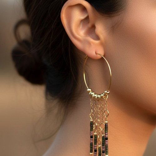 Boucles d'oreilles "eclat bohème" - créoles pampilles & perles de rocailles