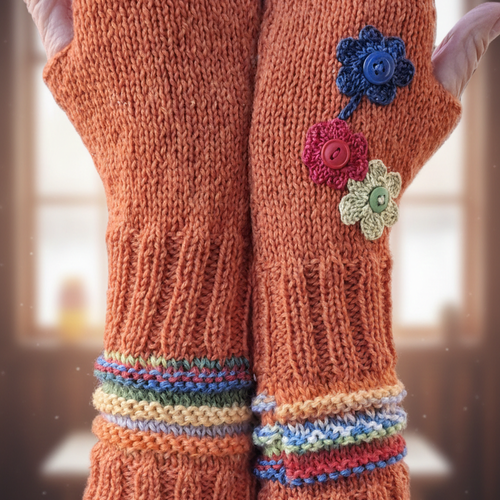 Mitaines femme tricotées main - orange et multicolore