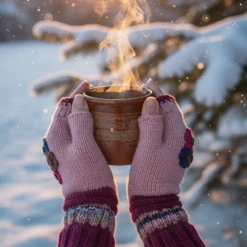 Mitaines artisanales "bouquet d'hiver" - tricotées main