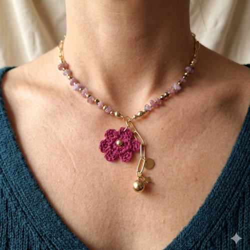Collier "douceur de rhodonite" – pierres naturelles & crochet prune