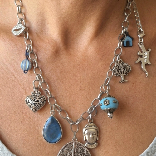 Collier "multi-breloques" en acier inoxydable argenté – thème nature et zen