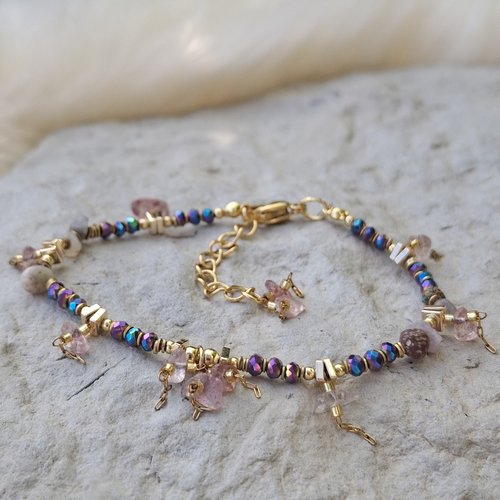 Bracelet pierres naturelles et perles africaines – rose, bleu – acier inoxydable doré