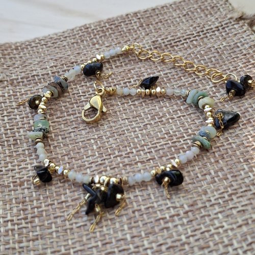 Bracelet pierres naturelles et perles africaines – noir, bleu, gris – acier inoxydable doré
