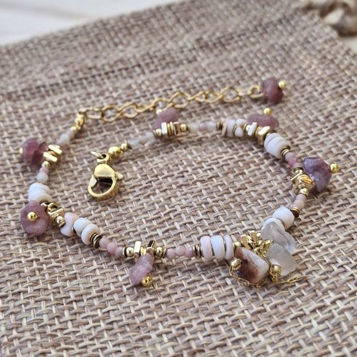 Bracelet pierres naturelles et perles africaines – rose – acier inoxydable doré