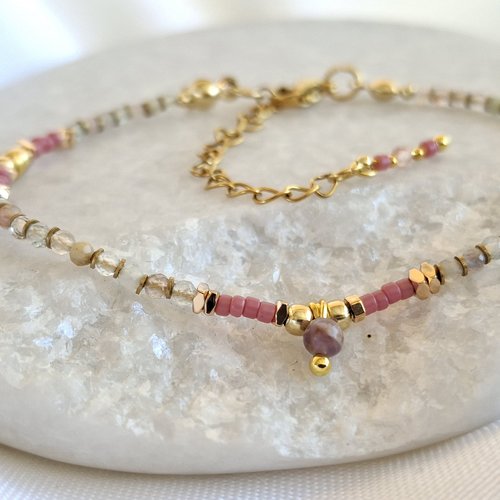 Bracelet en pierres naturelles et acier inoxydable doré - collection éclats singuliers - rose et vert amande