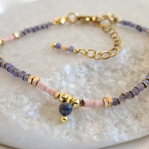 Bracelet en pierres naturelles et acier inoxydable doré - collection éclats singuliers - mauve et rose