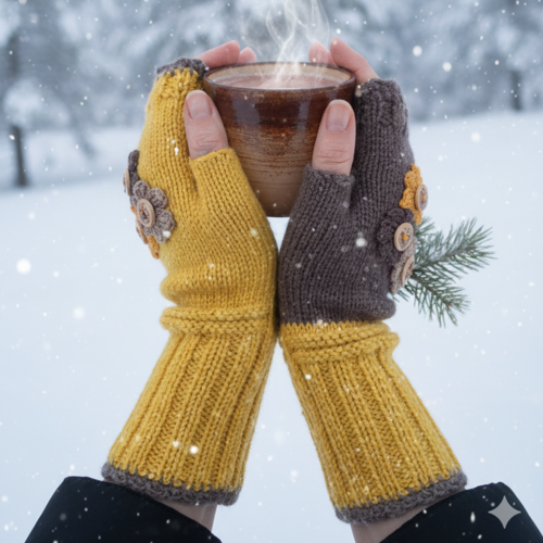 Mitaines artisanales "automne ensoleillé" - jaune & marron