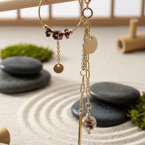 Duo de boucles d'oreilles asymétriques "eclat d'ambre" fait main