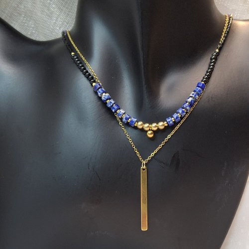 Collier double rang lapis lazuli & acier inoxydable doré