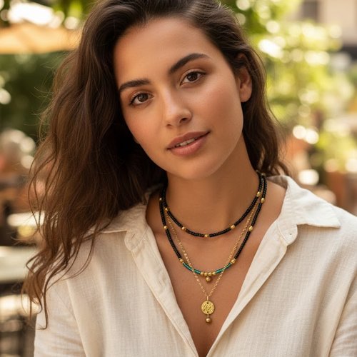 Collier artisanal double rang & perles de rocaille - bleu lumineux et or