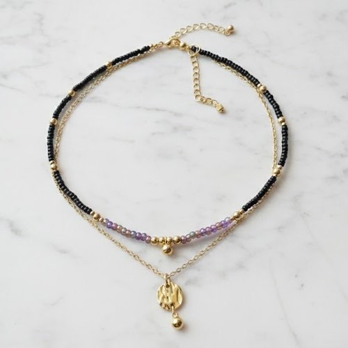 Collier double rang artisanal - acier inoxydable doré, perles noires & violine